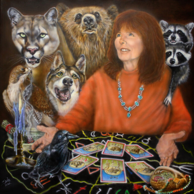Painting of Sheila Boyd with Animals reading tarot cards