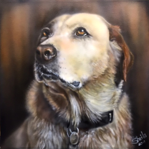 Painting of a dog staring lovingly