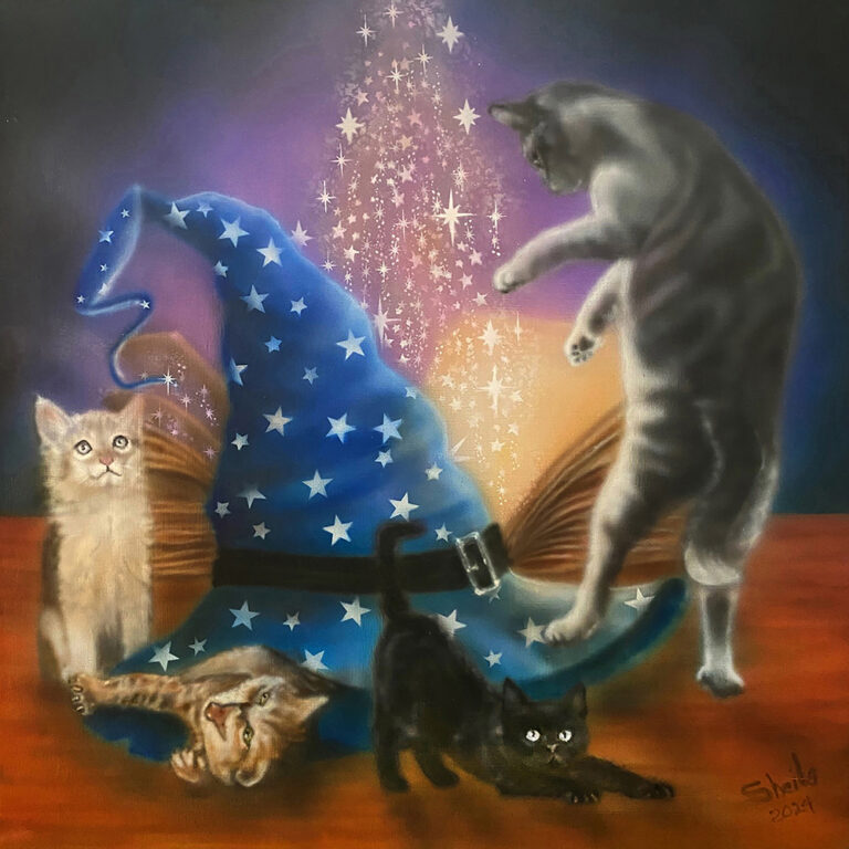 4 cats playing around a witches hat with stars of magic coming out of it